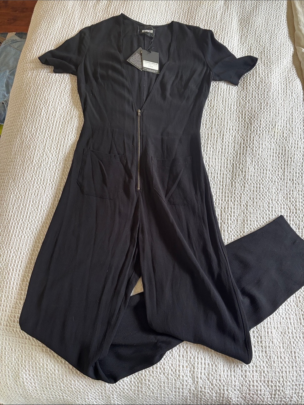 NWT Reformation Black Short-Sleeve Front-Zip Jumpsuit